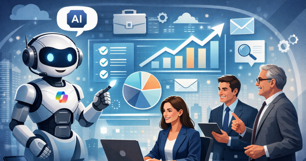 An AI robot figure for Copilot Cowork presenting charts and data visualizations to a team of business professionals.