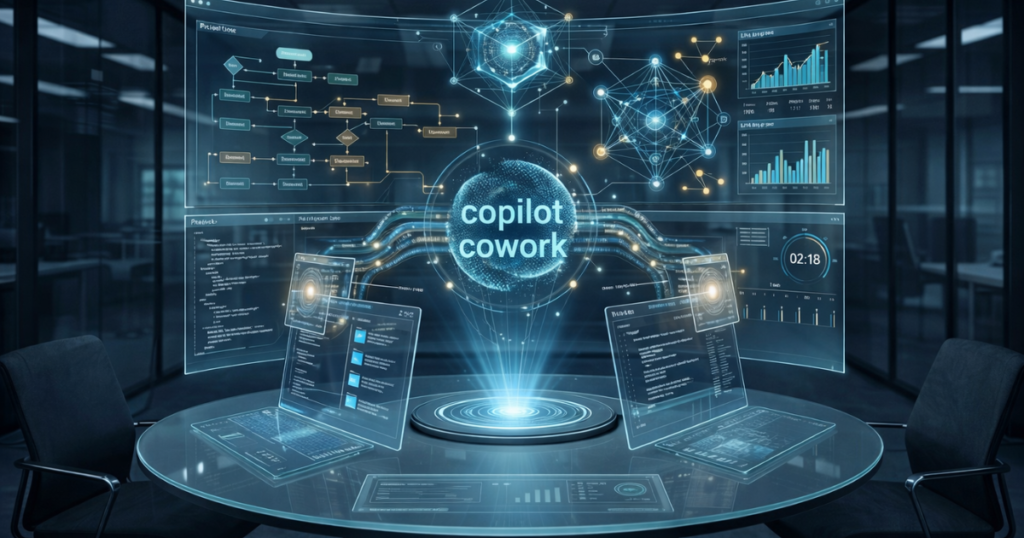 A futuristic conference room with holographic screens displaying data, charts, and the text "copilot Cowork."