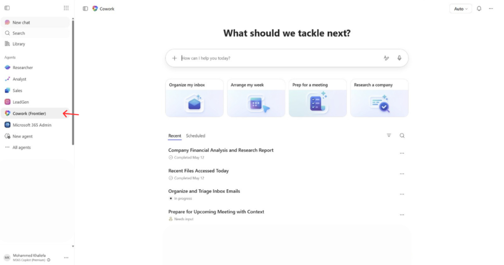 Screenshot of a Microsoft 365 Cowork interface with a red arrow pointing to "Cowork (Frontier)" in the sidebar.