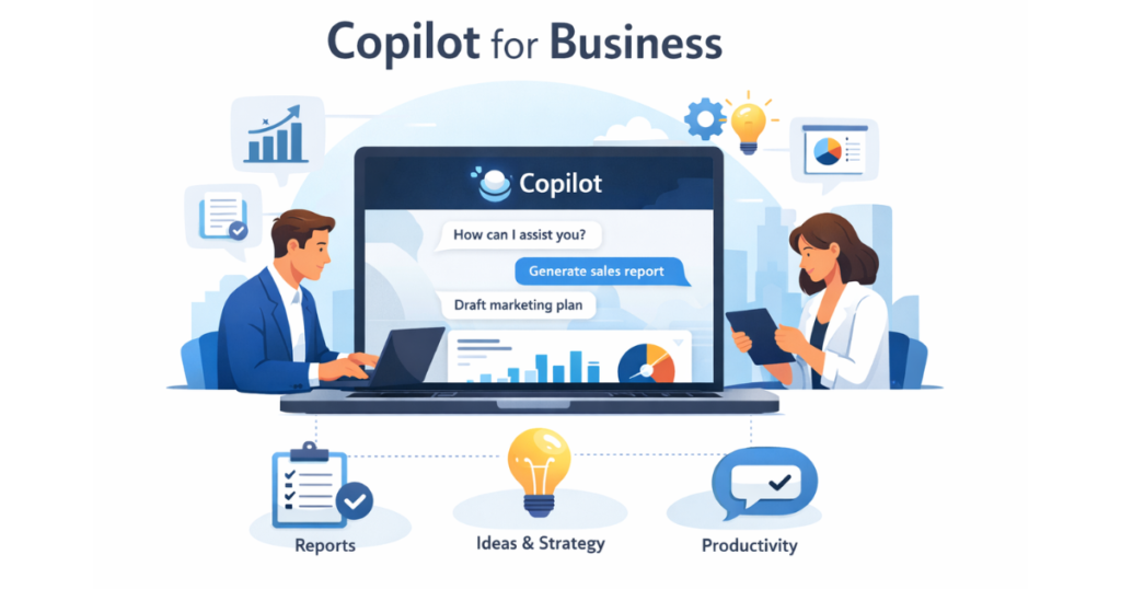 Illustration of business professionals using Microsoft Copilot for reports, strategy, and productivity.