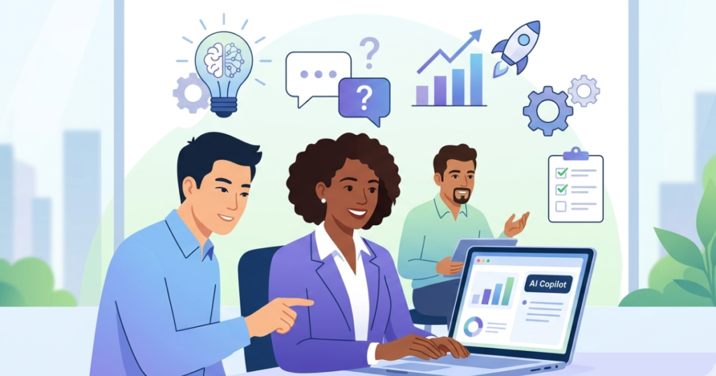 Team collaborating on a laptop with AI Copilot, surrounded by icons for ideas, growth, and analytics.