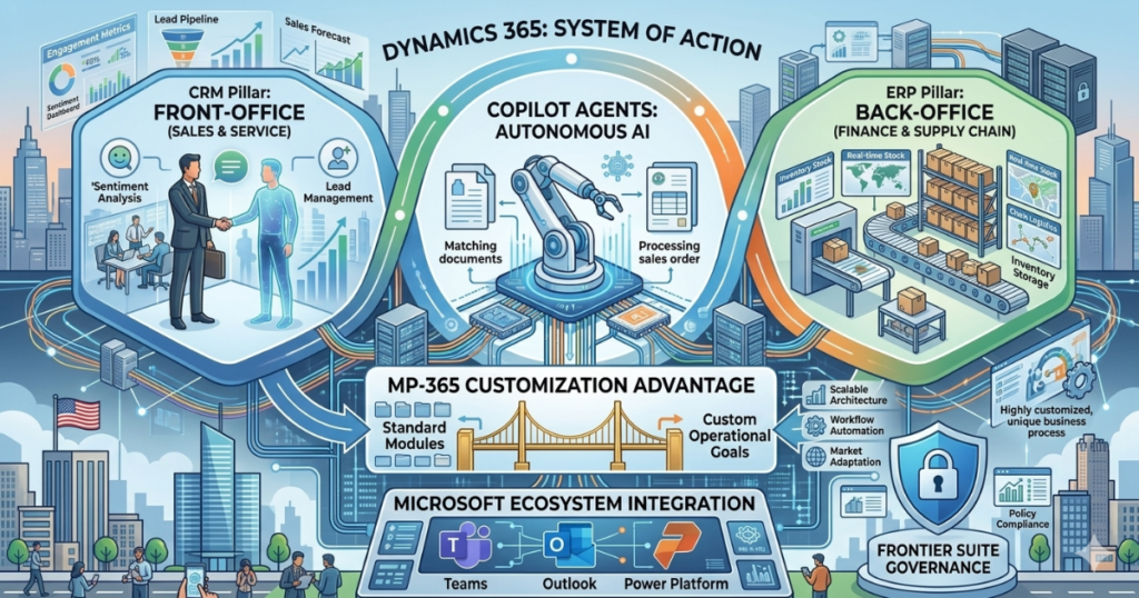 Diagram of Dynamics 365 showing CRM front-office, ERP back-office, and Copilot AI agents as a "System of Action."