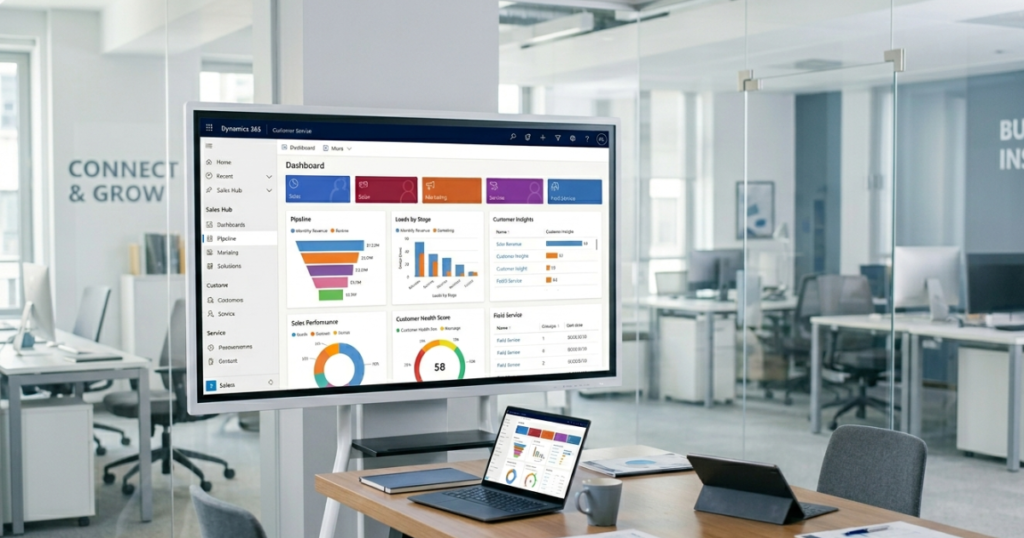 Large wall-mounted screen and laptop displaying a Dynamics 365 sales dashboard in a bright, glass-walled office.