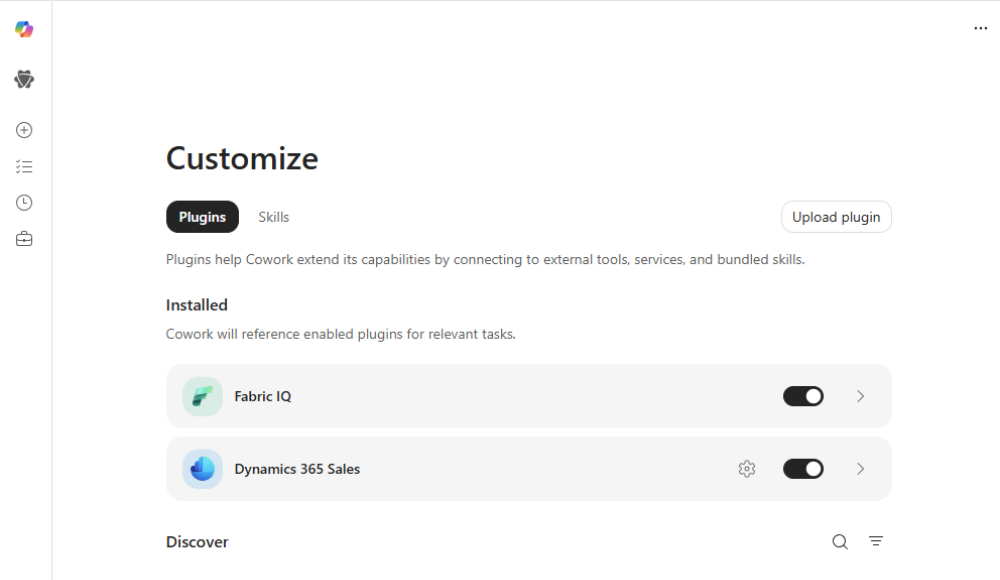 Cowork platform customization interface displaying installed plugins for Fabric IQ and Dynamics 365 Sales.