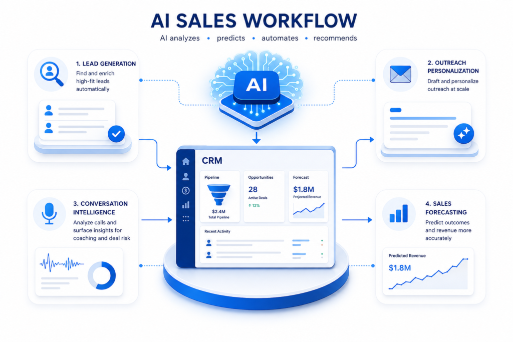 Infographic of an AI Sales Workflow showing a central CRM connected to 4 stages: Lead Gen, Outreach, Conversation Intelligence, and Sales Forecasting.