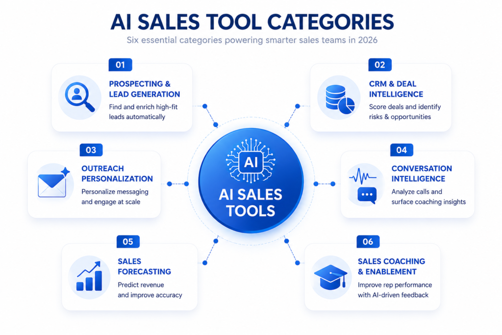 Infographic titled "AI Sales Tool Categories" mapping 6 areas: Lead Gen, CRM Intelligence, Outreach, Conversation Insights, Forecasting, and Coaching.