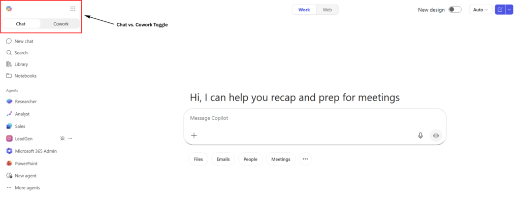 Screenshot showing the new 'Chat vs. Cowork' toggle highlighted in the top-left sidebar of the Microsoft Copilot interface.
