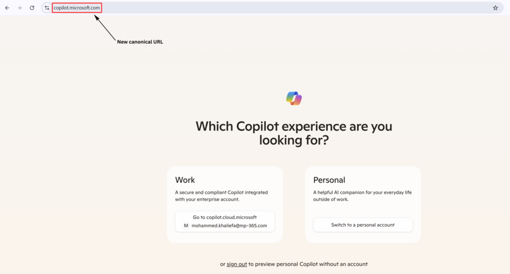 Screenshot of the browser address bar displaying the new copilot.microsoft.com canonical URL on the Copilot account selection page.