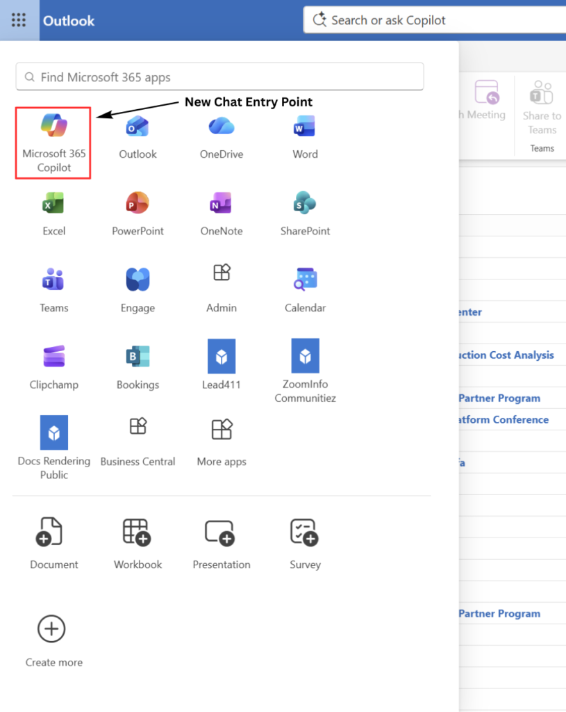 Screenshot of the Microsoft 365 app launcher in Outlook, highlighting the new Microsoft 365 Copilot icon as a primary entry point.