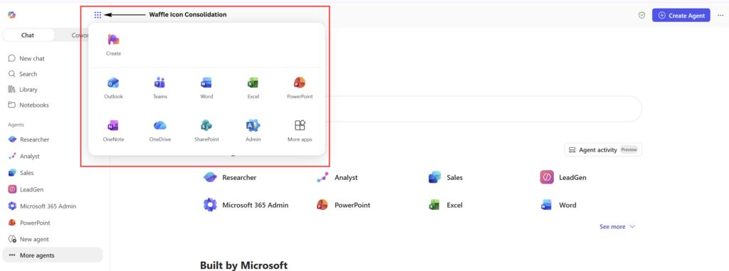 Screenshot of the expanded waffle icon menu in Copilot, showing consolidated quick-access icons for Microsoft 365 apps.