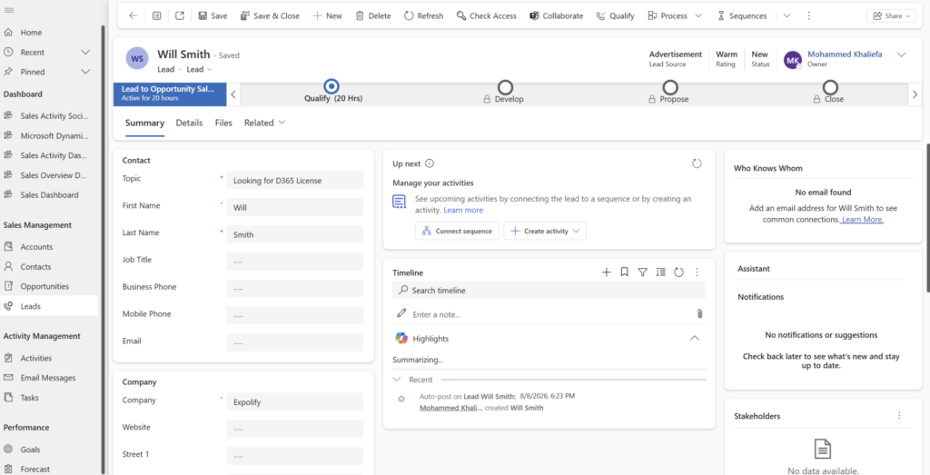 Lead record form displaying contact details, lead source, and qualification process stages.