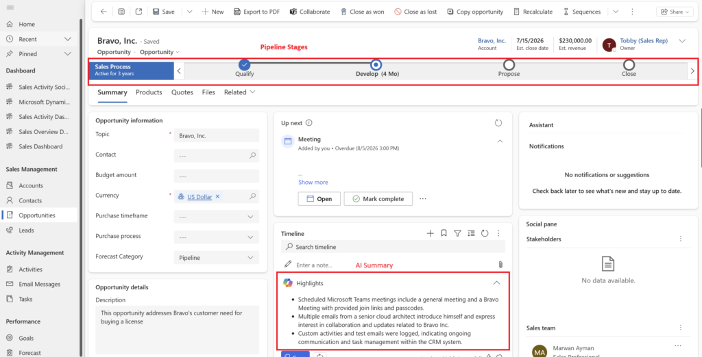 Opportunity form displaying key deal information, stage tracking, and AI-generated highlights.