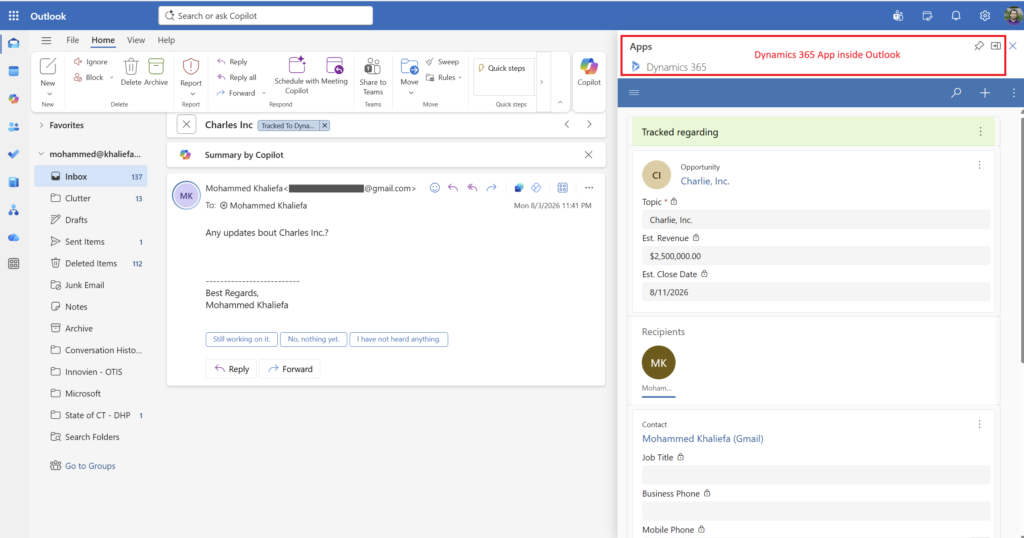 Dynamics 365 panel embedded inside Microsoft Outlook to view deal context alongside email threads.