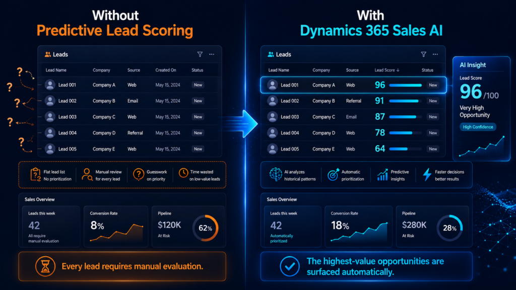 Comparison graphic contrasting manual lead scoring with Dynamics 365 Sales AI, highlighting automated lead ranking, an increase in conversion rate from 8% to 18%, and reduced pipeline risk.