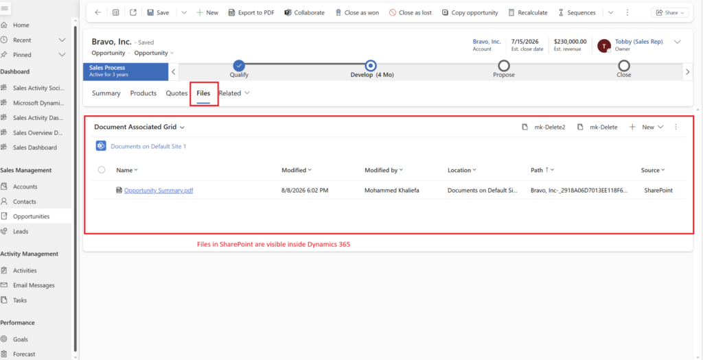 SharePoint document library integrated within sales records showing attached files and document grids.