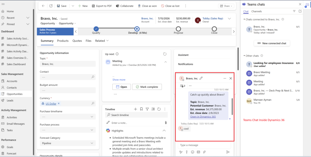 Microsoft Teams integration inside Dynamics 365 enabling real-time chat and deal collaboration.