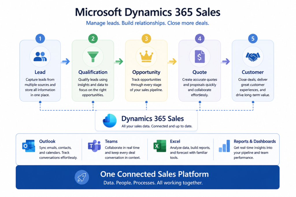 A 5-step Microsoft Dynamics 365 Sales workflow diagram from Lead to Customer, integrated with Outlook, Teams, Excel, and Reports for a connected platform.