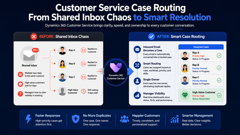 Comparison diagram of customer service case routing: moving from unorganized shared inboxes to automated Dynamics 365 assignment.