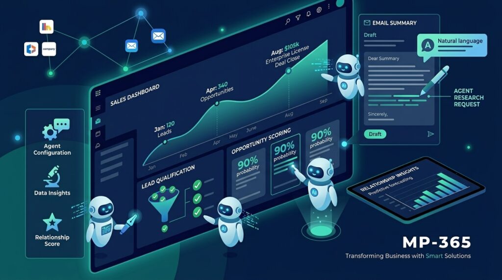 3D digital dashboard showing AI robot avatars analyzing CRM leads, opportunity scoring, email summaries, and relationship insights.