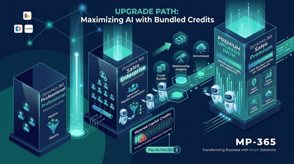 Isometric diagram comparing Dynamics 365 Professional, Sales Enterprise, and Sales Premium upgrade paths and metered Copilot credits.