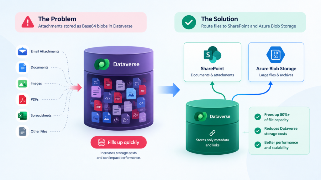 Diagram contrasting Dataverse filled with file attachments against offloading files to SharePoint and Azure Blob Storage to save space and reduce costs.