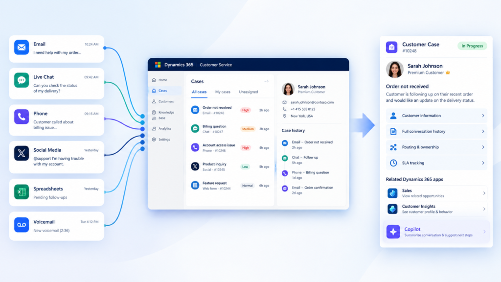 Dynamics 365 Customer Service diagram illustrating incoming support channels routing into a central case management dashboard.
