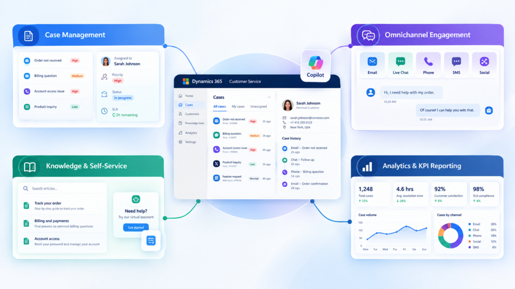 Overview of Dynamics 365 Customer Service features including case management, omnichannel engagement, self-service, and analytics.