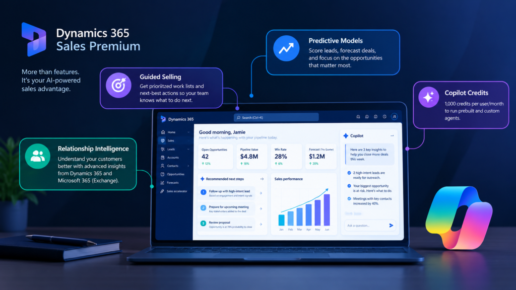 Laptop showing Microsoft Dynamics 365 Sales Premium AI interface, highlighting Guided Selling, Predictive Models, Copilot credits, and Relationship Intelligence.