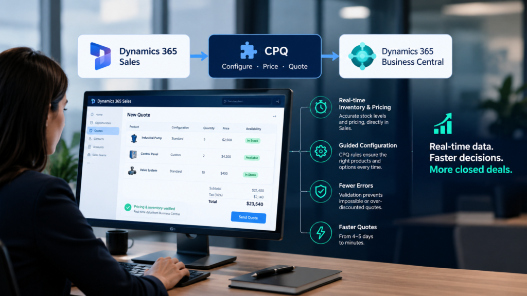 Professional working at a desktop computer using Dynamics 365 Sales integrated with CPQ and Business Central for real-time quoting and inventory.